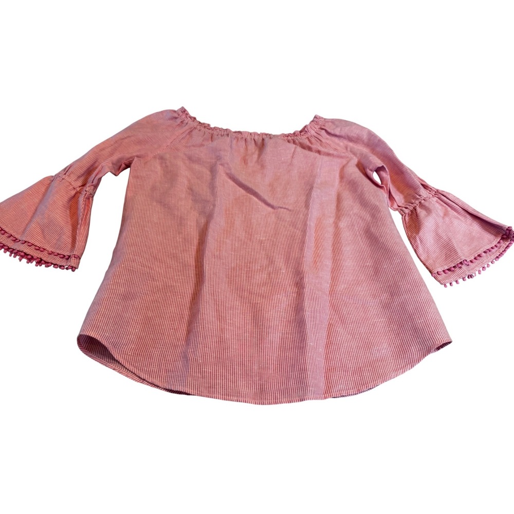 Talbots Red White Striped Linen Blend Pom Pom Bell Sleeve Off Shoulder Top S